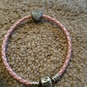 SOLD Pandora leather bracelet pink charm